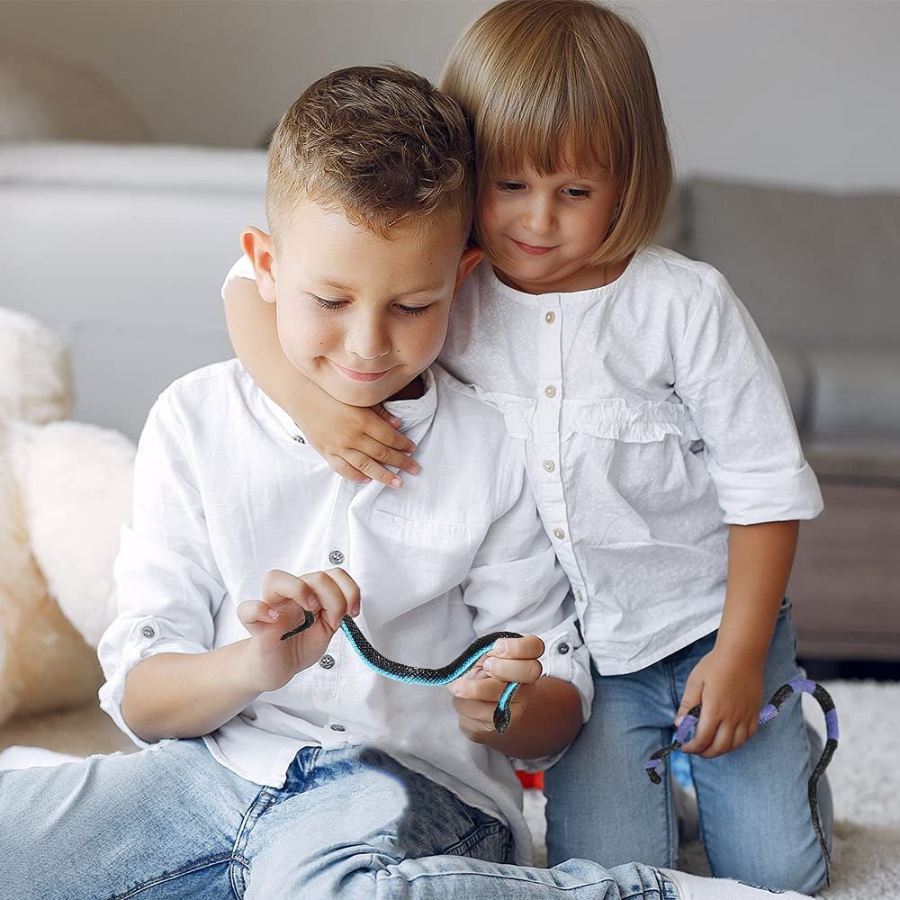 Vinyl Stretch Toy Snakes, Pack of 12, Stress Relief Fidget Sensory Toys for Kids, Real Look Scales, Reptile Birthday Party Favors, Fake Prank Prop, Goodie Bag Fillers for Boys and Girls