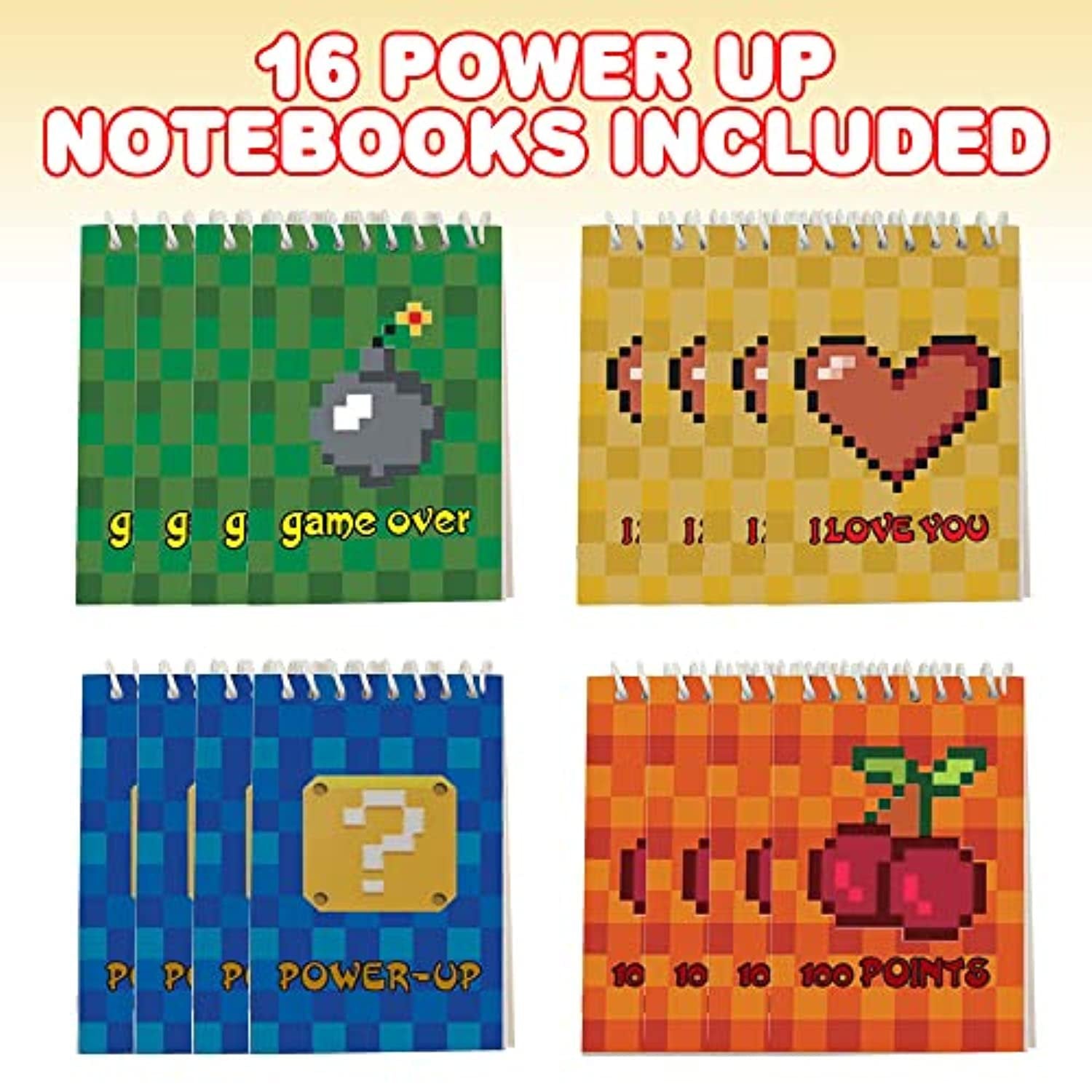 Mini Power Up Notebooks, Pack of 16, Video Game & Pixel Themed Spiral Notepads, Cute Stationery Supplies for School and Office, Fun Birthday Party Favors, Goodie Bag Fillers for Kids