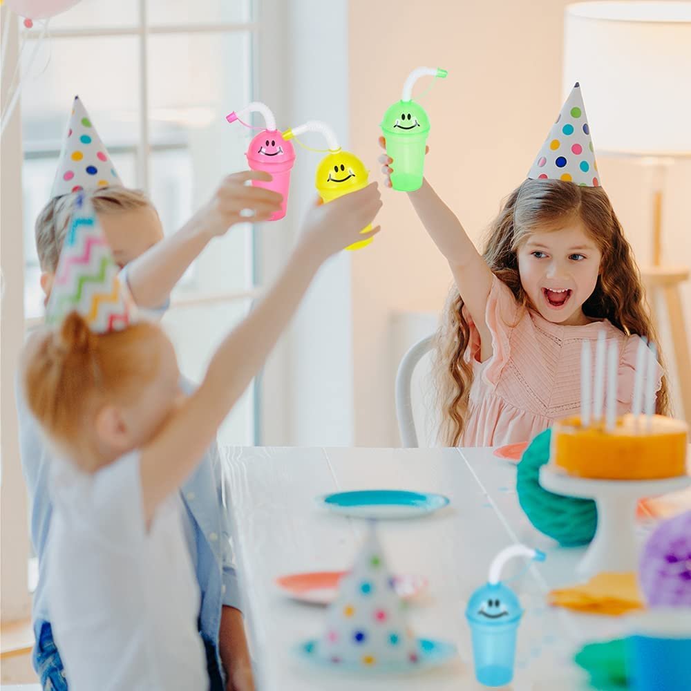 Smile Face Sipper Cups with Straws & Lids, Set of 12, Fun Assorted Colors, 7 oz Plastic Party Sipper Cups for Kids, Neon Party Favors for Children, Birthday Supplies & Goodie Bag Fillers