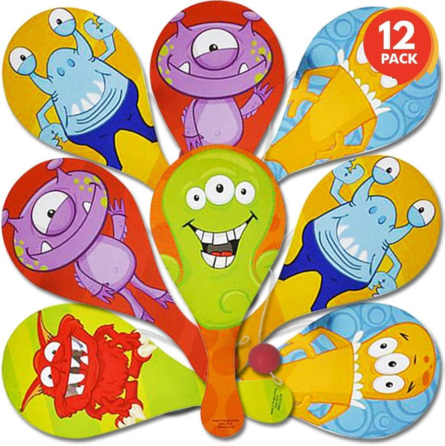 Monster Figure Paddle Balls, Pack of 12, 9.25" Wooden Paddleball with String, Assorted Bright Colors and Designs, Great Party Favors, Goodie Bag Fillers, Fun Activity for Kids