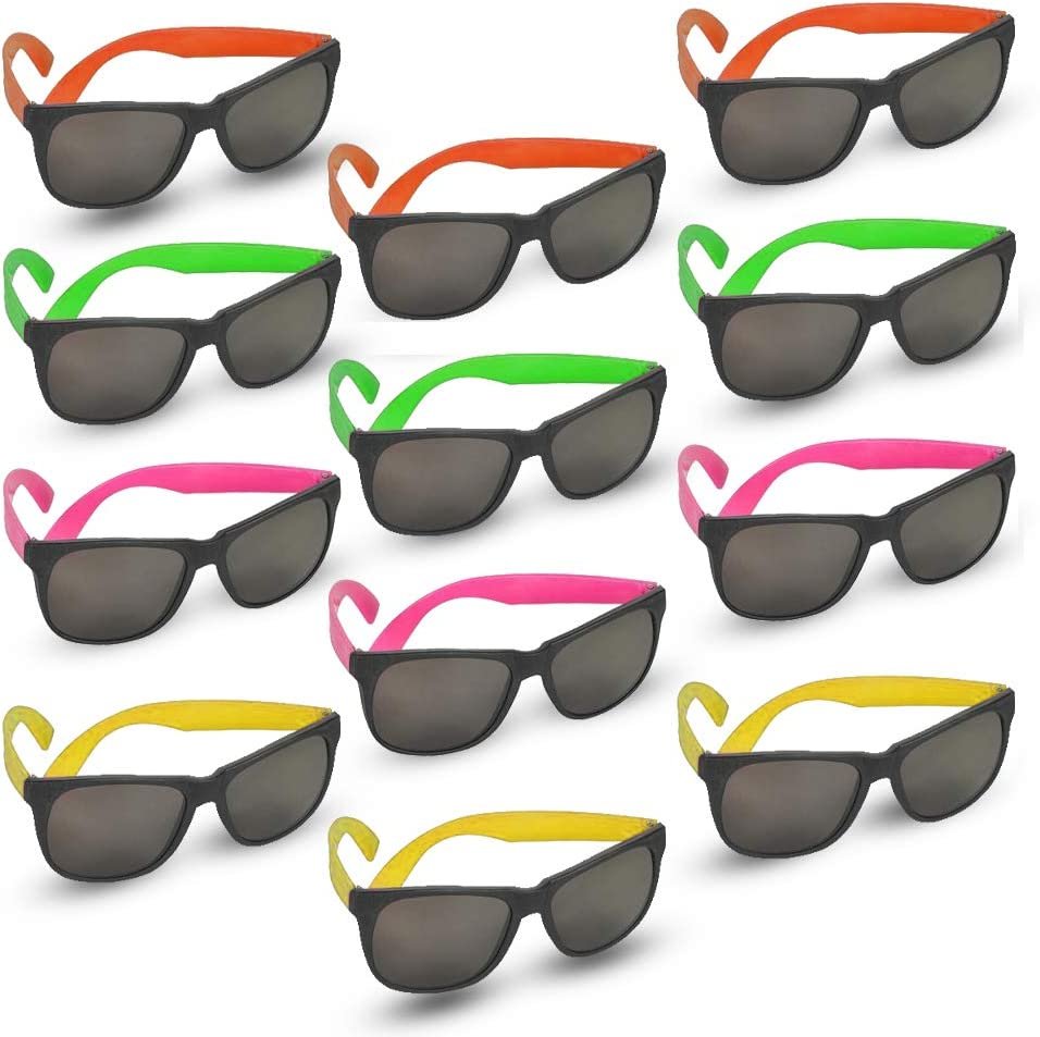 Neon Sunglasses for Kids, Set of 12, Bright Assorted Colors, Cool Birthday and Pool Party Favors for Boys and Girls, Fun Dress-Up Accessories, Goodie Bag Fillers