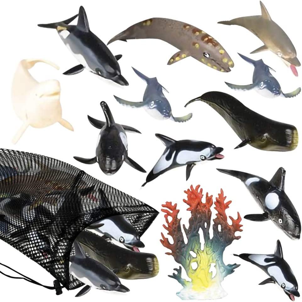 Dolphins & Whales in Mesh Bag, Pack of 12 Sea Creature Figurines in Assorted Designs, Bath Water Toys for Kids, Ocean Life Party Décor, Party Favors for Boys and Girls