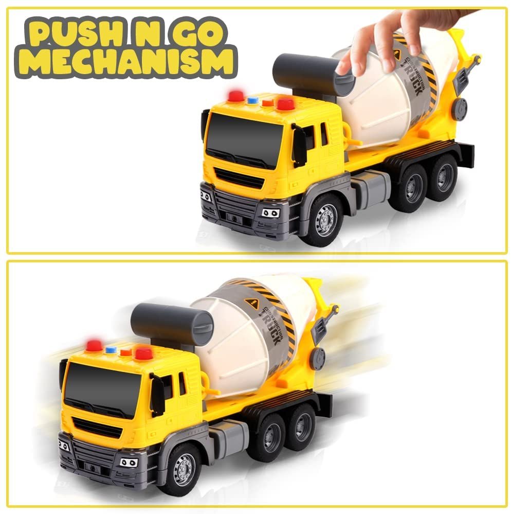 Light Up Cement Truck, Cement Mixer Toy Truck with Lights, Sounds, and Rotating Barrel, Push and Go Kids Construction Toys, Construction Vehicle Toys for Boys and Girls Ages 3 and Up