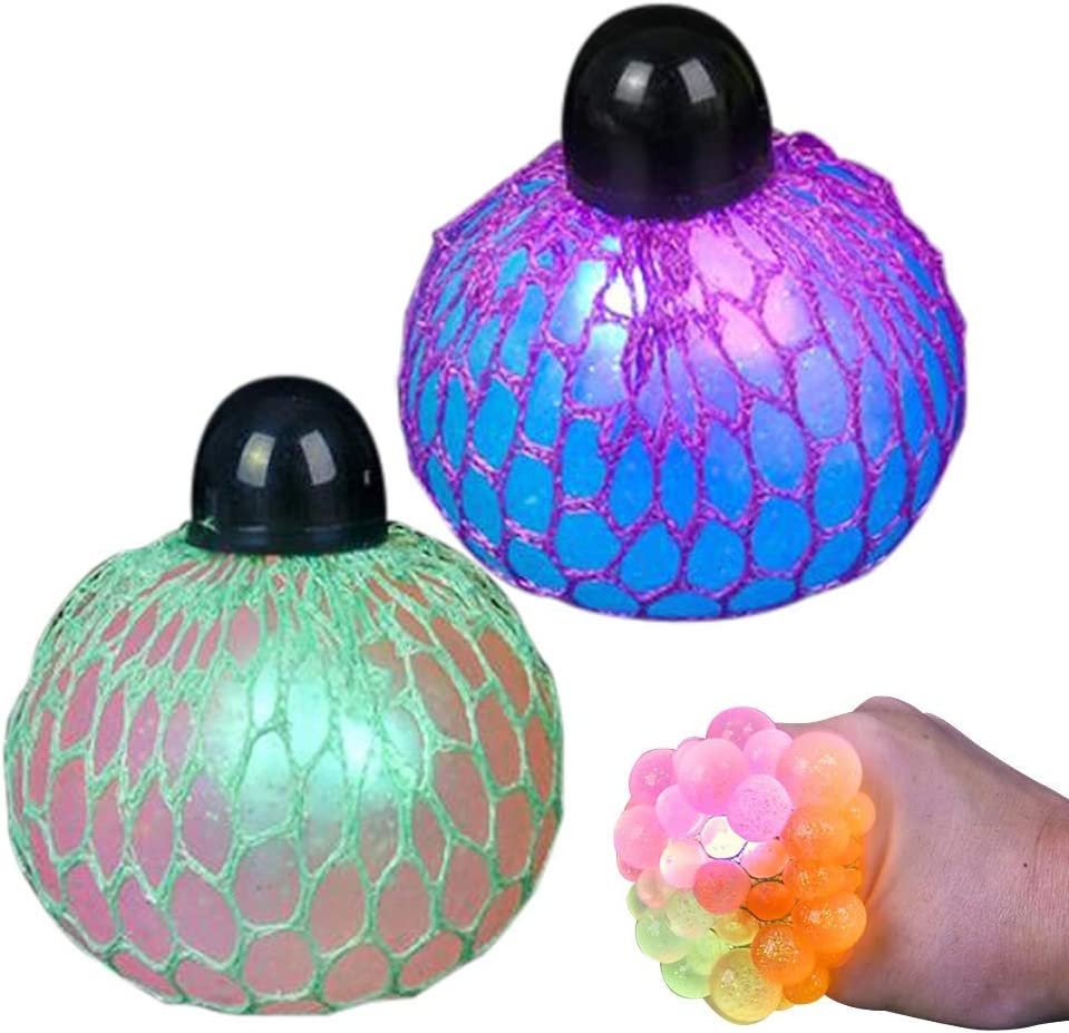 ArtCreativity Light-Up Squeeze Mesh Grape Stress Balls, Pack of 2, LED Squeeze Balls with Glitter, Stress Relief Fidget Sensory Toys for Autistic Children, Gifts, Party Favors, for Kids and Adults