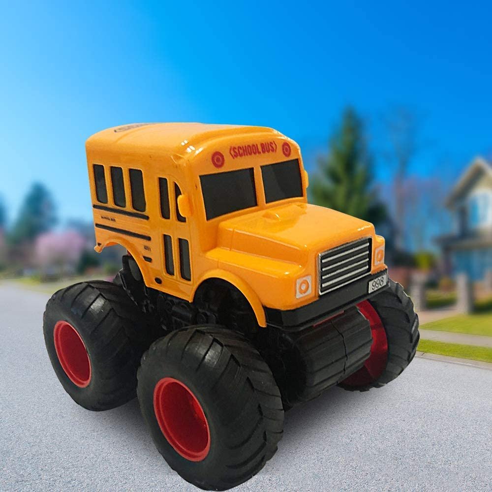 Yellow School Bus Toy with Black Monster Truck Tires, Push n Go Toy Car for Kids, Durable Plastic Material, Best Birthday Gift for Boys, Girls, Toddlers