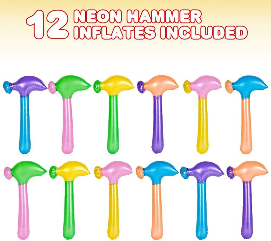 Neon Hammer Inflates, Set of 12, Fun Multicolored Inflatable Toys for Kids, Colorful Construction Birthday Party Decorations and Favors, Durable Pool and Bathtub Toys for Boys and Girls