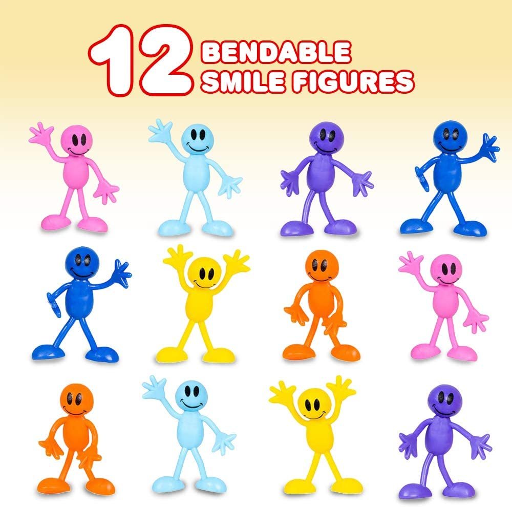 Bendable Smile Figures, Set of 12 Smile Face Flexible Men, Birthday Party Favors for Boys and Girls, Stress Relief Fidget Toys for Kids and Adults, Goody Bag Stuffers, Piñata Fillers
