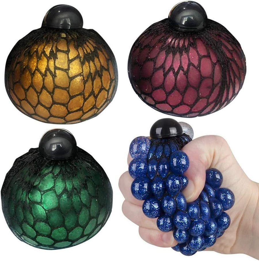 Mesh Squeeze Metallic Balls for Kids, Set of 4, Squeeze Toys in Assorted Colors for Anxiety Relief & ADHD - Birthday Party Favors, Goodie Bag Fillers, Treasure Box Prizes for Classroom