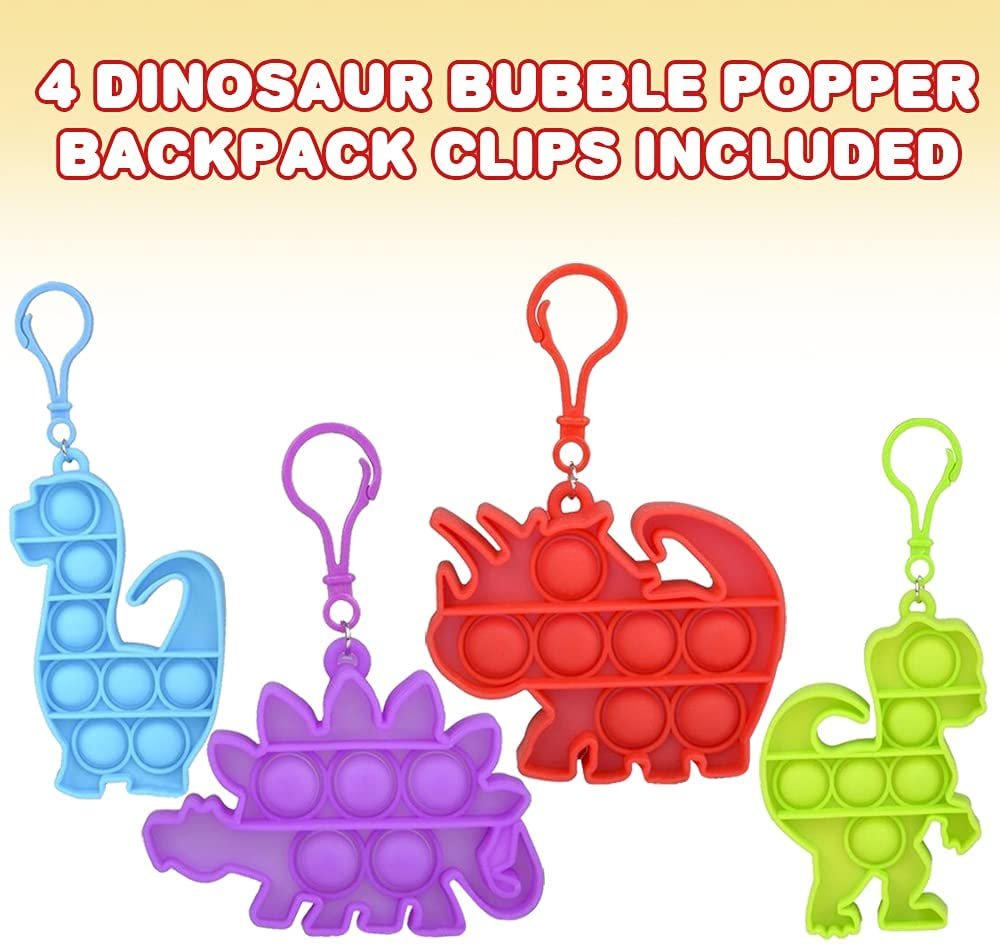 Dinosaur Bubble Poppers Backpack Clip, Set of 4, Pop it Fidget Keychains, Push Pop Sensory Toys Made of Soft Silicone, 4 Vibrant Colors, Dinosaur Party Favors, Goody Bag Fillers for Kids
