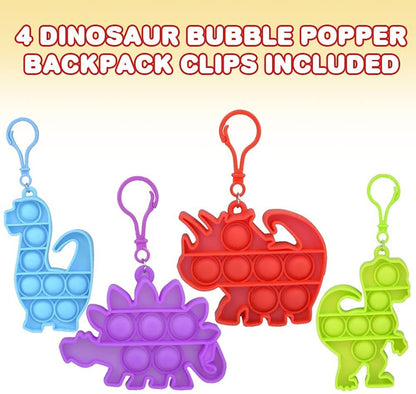 ArtCreativity Dinosaur Bubble Poppers Backpack Clip, Set of 4, Pop it Fidget Keychains, Push Pop Sensory Toys Made of Soft Silicone, 4 Vibrant Colors, Dinosaur Party Favors, Goody Bag Fillers for Kids