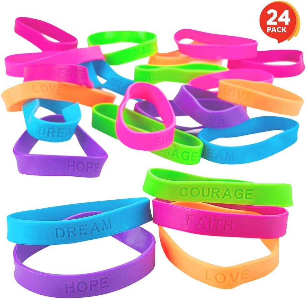 ArtCreativity Rubber Bracelets with Motivational Sayings - Pack of 24 Inspirational Wristbands for Kids and Adults, Assorted Neon Colors and Positive Sayings, Great Birthday Party Favors, Gifts