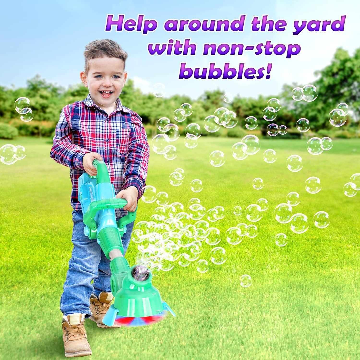 Bubble String Trimmer, Kids Bubble Blower Machine with Bubble Solution Included, Grass Trimmer Toy with Lights & Sounds, Fun Summer Outdoor Toys for Toddlers, Blue&Green