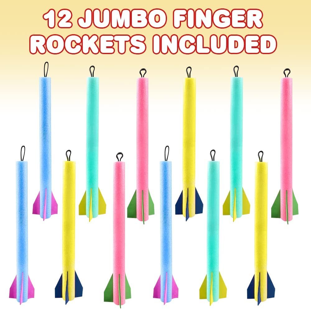 Jumbo Foam Finger Rockets, Pack of 12, Slingshot Flying Rocket Launchers in Assorted Colors, Fun Summer Outdoor Toys, Party Favors for Kids