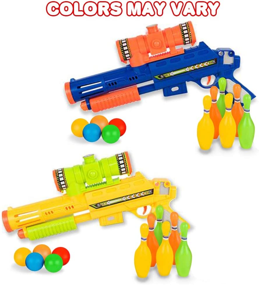 Bowling Pin Blaster Shooting Game for Kids - Set Includes 1 Toy Gun, 4 Colorful Ping Pong Balls, and 6 Plastic Bowling Pins - Best Gift or Party Activity for Boys and Girls
