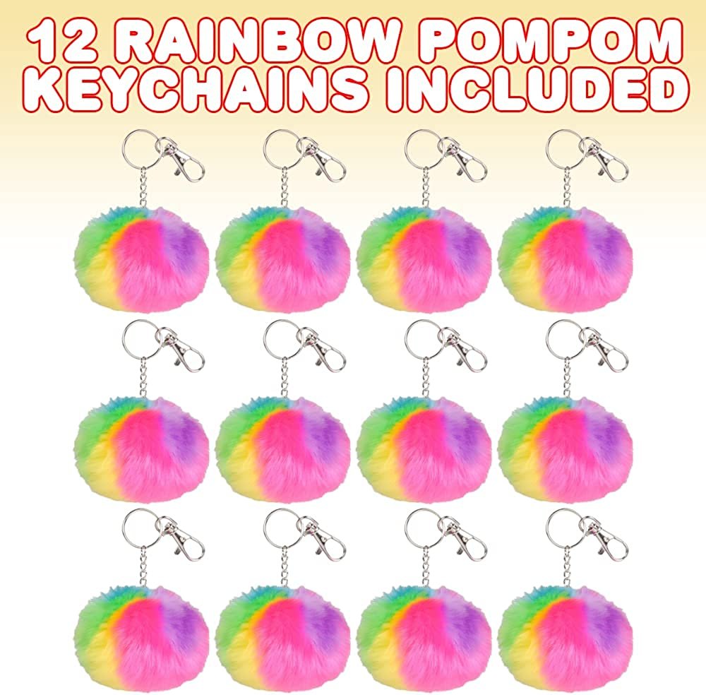 ArtCreativity Rainbow Pom Pom Keychains, Set of 12, Keychains for Girls and Boys with Secure Lobster Clasps, Holiday Stocking Stuffers, Backpack Charms, and Princess Party Favors, Multi-Colored