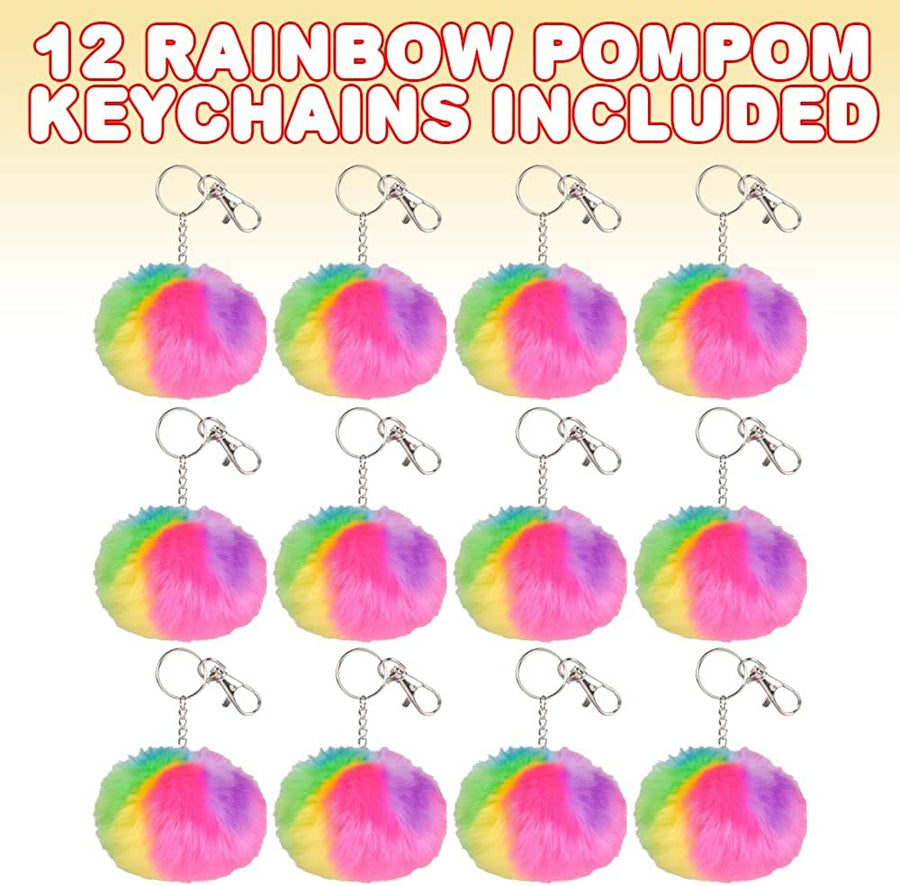 Rainbow Pom Pom Keychains, Set of 12, Keychains for Girls and Boys with Secure Lobster Clasps, Holiday Stocking Stuffers, Backpack Charms, and Princess Party Favors, Multi-Colored
