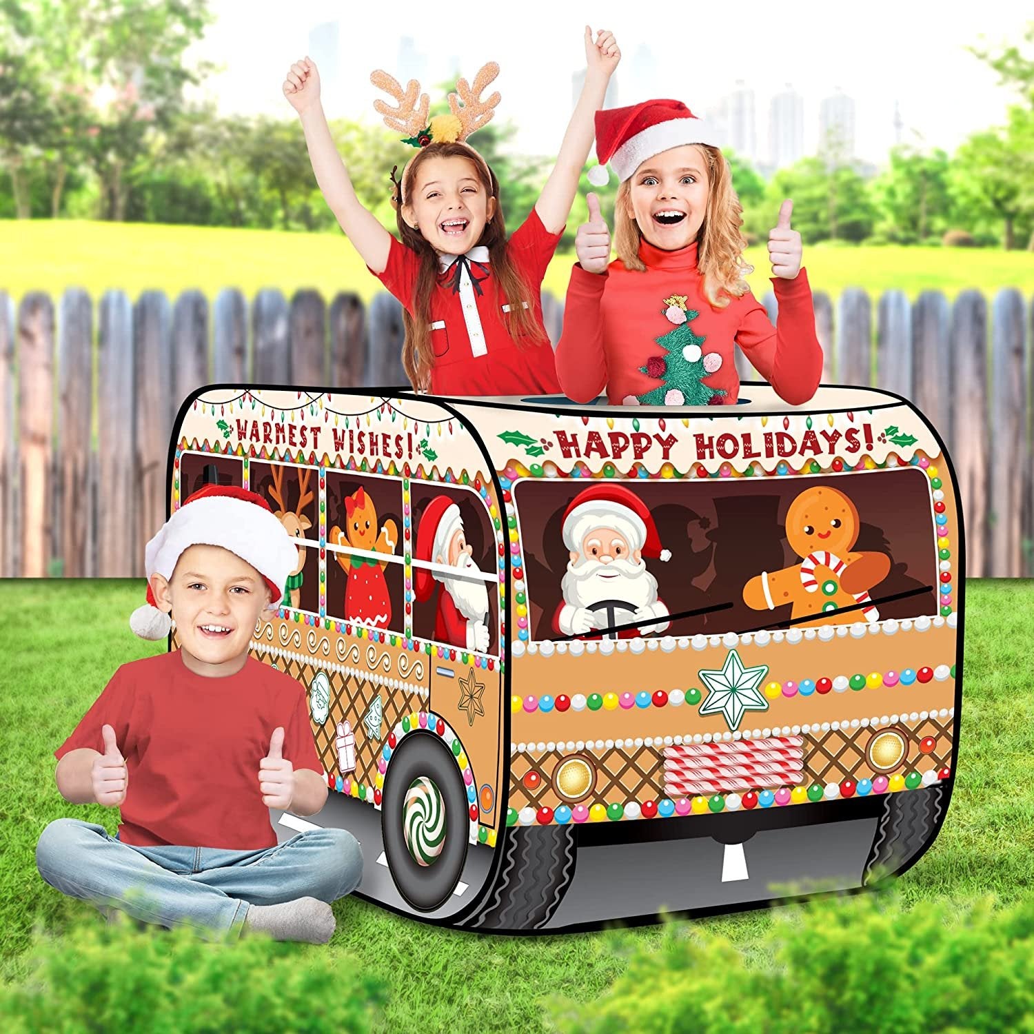 Christmas School Bus Pop Up Tent, Christmas Tent for Kids with a Carry Bag, Pop Up Play Tent for Hours of Fun, Great for Indoor Christmas Decorations, 43.5 x 28 x 26.5"es