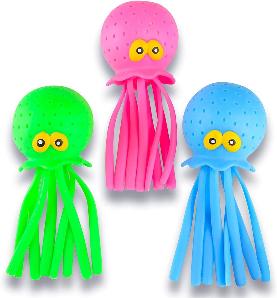 Octopus Water Balls, Set of 3, Rubber Kids’ Bath Toys, Sensory Stress Relief Pool Toys for Kids, Cute Goodie Bag Fillers for Boys and Girls, Pink, Blue and Green