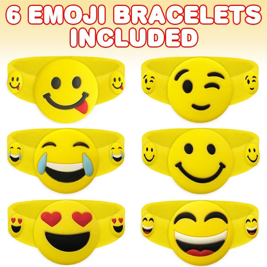 Emoticon Bracelets for Kids, Set of 6, Emoticon Accessories in 6 Fun Designs, Emoticon Party Favors and Goodie Bag Stuffers, Great as Pinata Stuffers, Classroom Prizes, and Treasure Box Toys