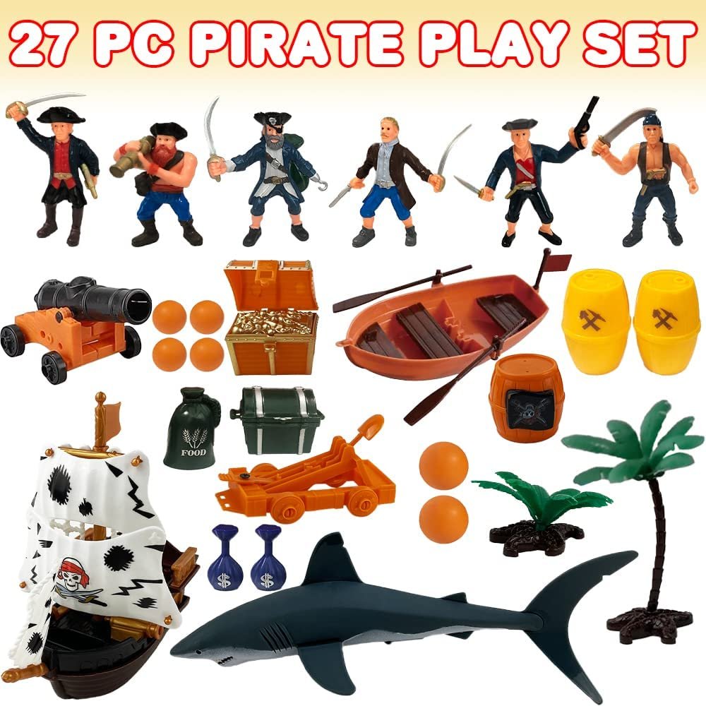 Pirate Action Figure Playset, Pirate Play Set with Action Figurines, Pirate Ship Toy, Boat, Shark, Treasure Chests, Storage Box, & More, Pirate Party Decorations, Cake Toppers, & Gifts