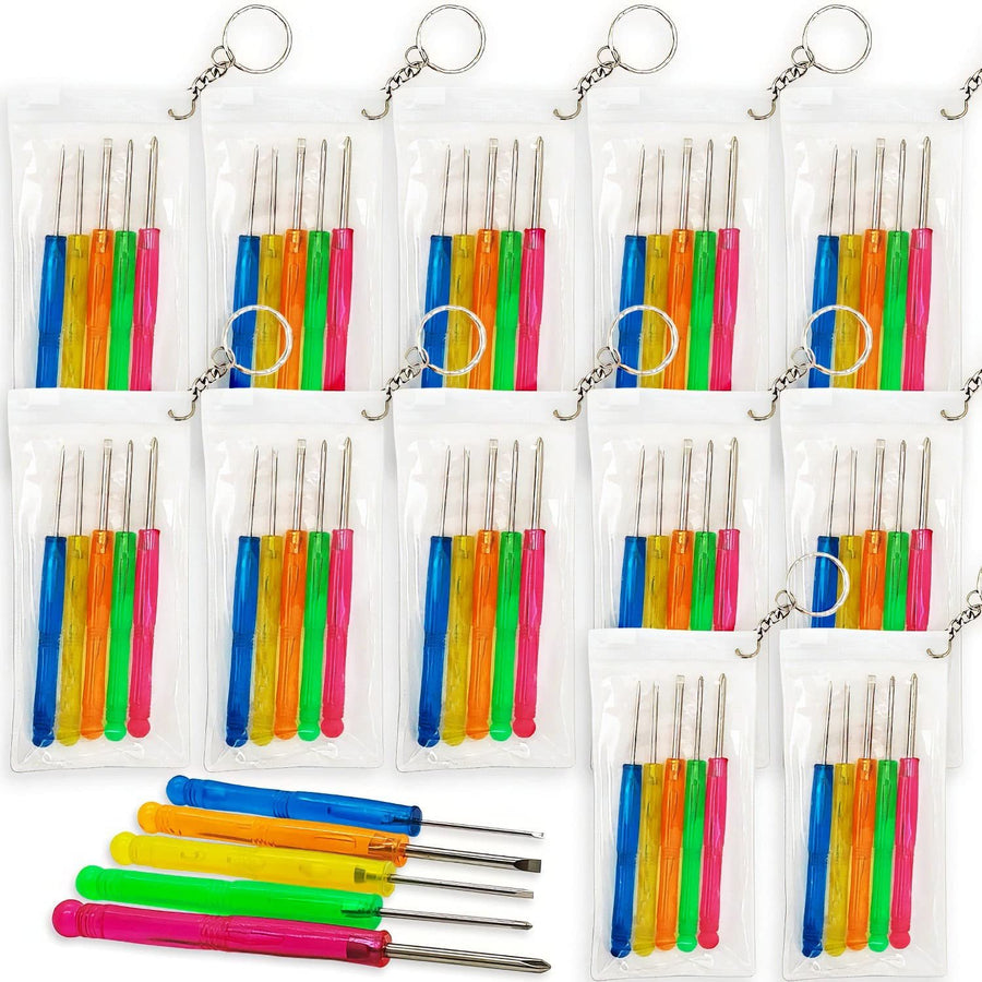 5 PC Mini Screwdriver Keychain Set, Pack of 12, Set Includes 5 Screw Drivers and Portable Pouch, Cool Birthday Party Favors for Boys, Girls, Adults, Goodie Bag Filler