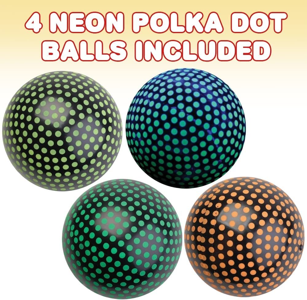 ArtCreativity Neon Polka Dot Balls, Set of 4, Bouncy 5” PVC Balls, Spots on Ball Glow Under Black Light, Park and Beach Outdoor Fun, Durable Outside Play Toys for Boys and Girls
