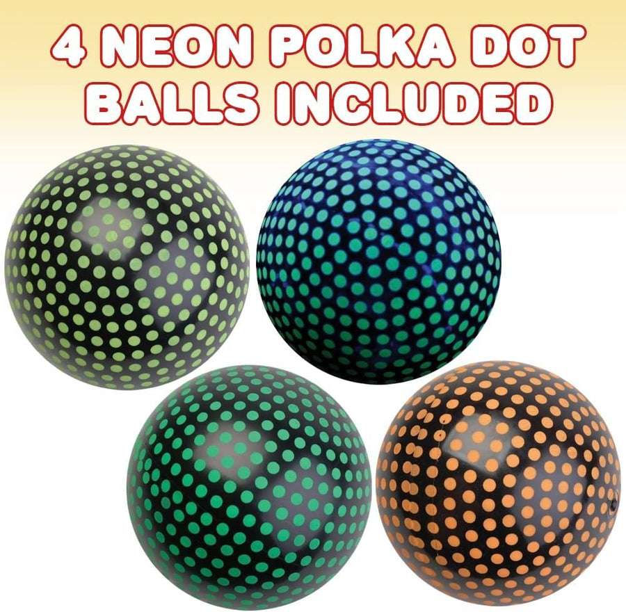 Neon Polka Dot Balls, Set of 4, Bouncy 5” PVC Balls, Spots on Ball Glow Under Black Light, Park and Beach Outdoor Fun, Durable Outside Play Toys for Boys and Girls