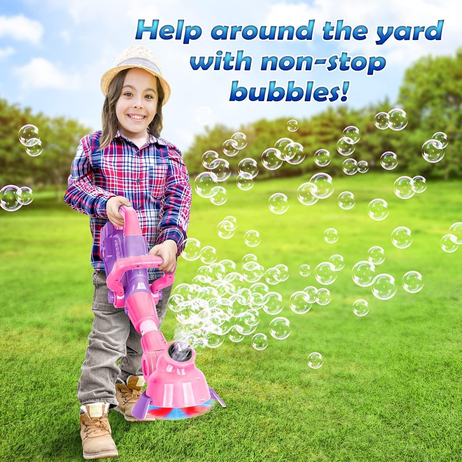 Bubble String Trimmer, Kids Bubble Blower Machine with Bubble Solution Included, Grass Trimmer Toy with Lights & Sounds, Fun Summer Outdoor Toy for Toddlers, Pink&Purple