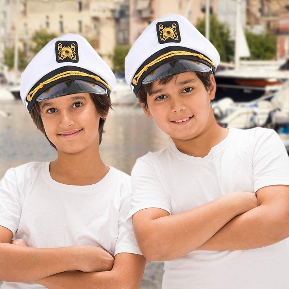 Captain’s Hat for Men, Women, and Kids - Pack of 2 - Classic White Hats for Captain, Naval Officer or Pilot Costume, Cotton with Gold Embroidery, Naval Theme Party Favors