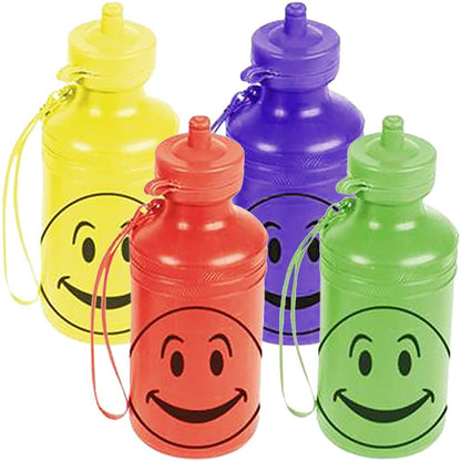 ArtCreativity Smile Face Sports Bottles, Set of 4, Plastic Kids’ Water Bottles with Spill Proof Cover, 18oz Reusable Sport Bottles for Boys & Girls, School & Sports , 4 Colors