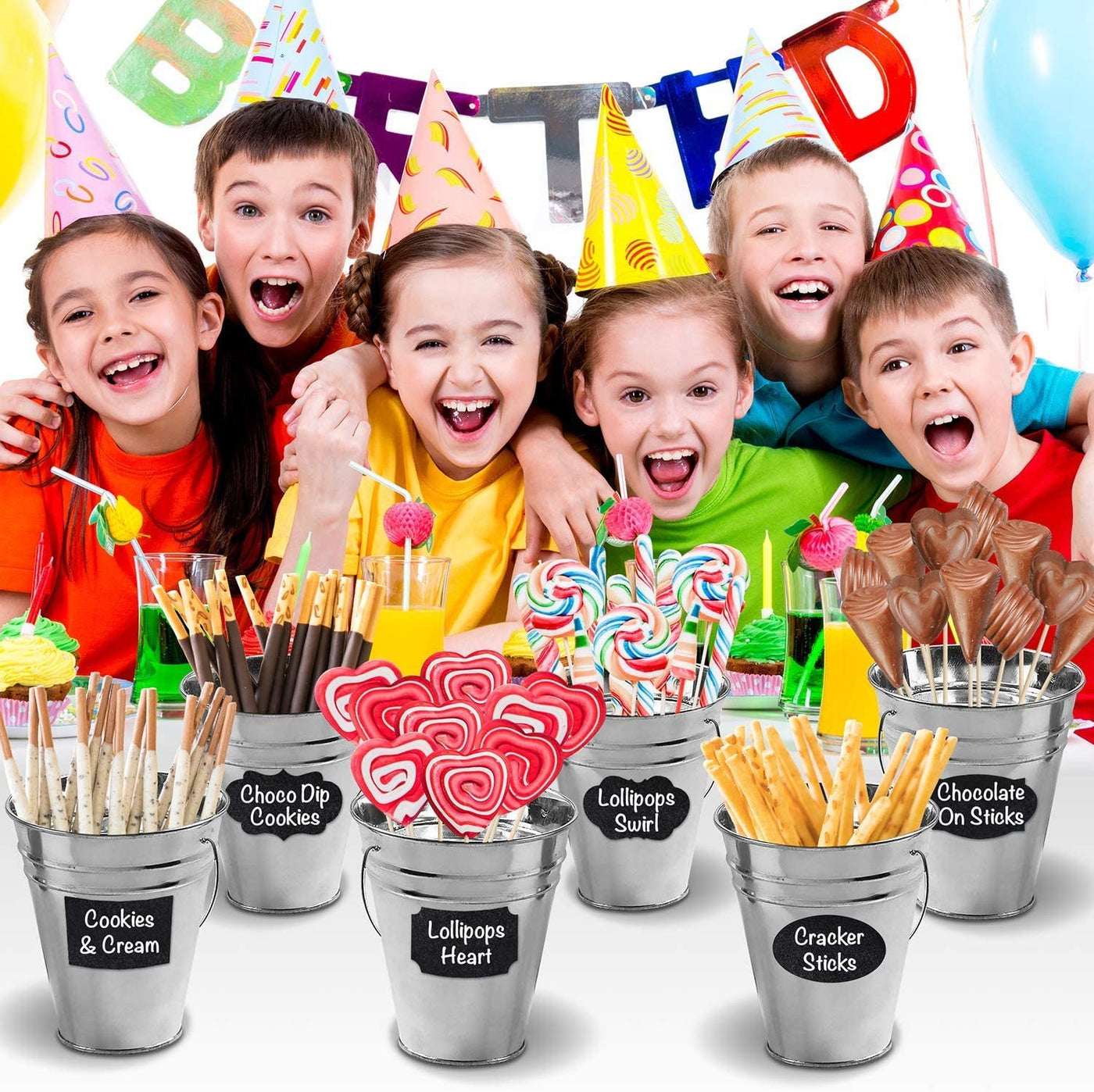 Large Galvanized Metal Buckets Set, Includes 12 Rustic Pails with Handles, 24 Chalkboard Labels and 1 Liquid Chalk Marker, 5" Galvanized Buckets for Party Favors, Wedding Decorations