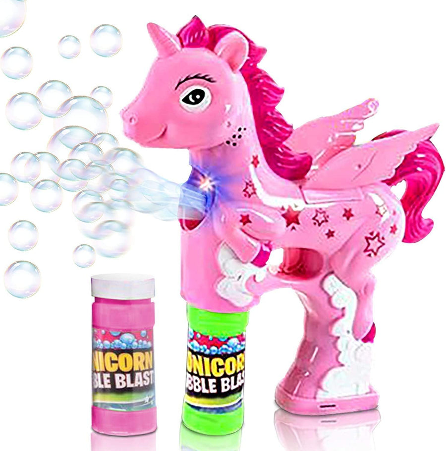 Pink Unicorn Bubble Blaster with Light and Sound, Includes 1 Bubble Gun & 2 Bottles of Bubble Solution, Fun Summer Toy for Girls and Boys