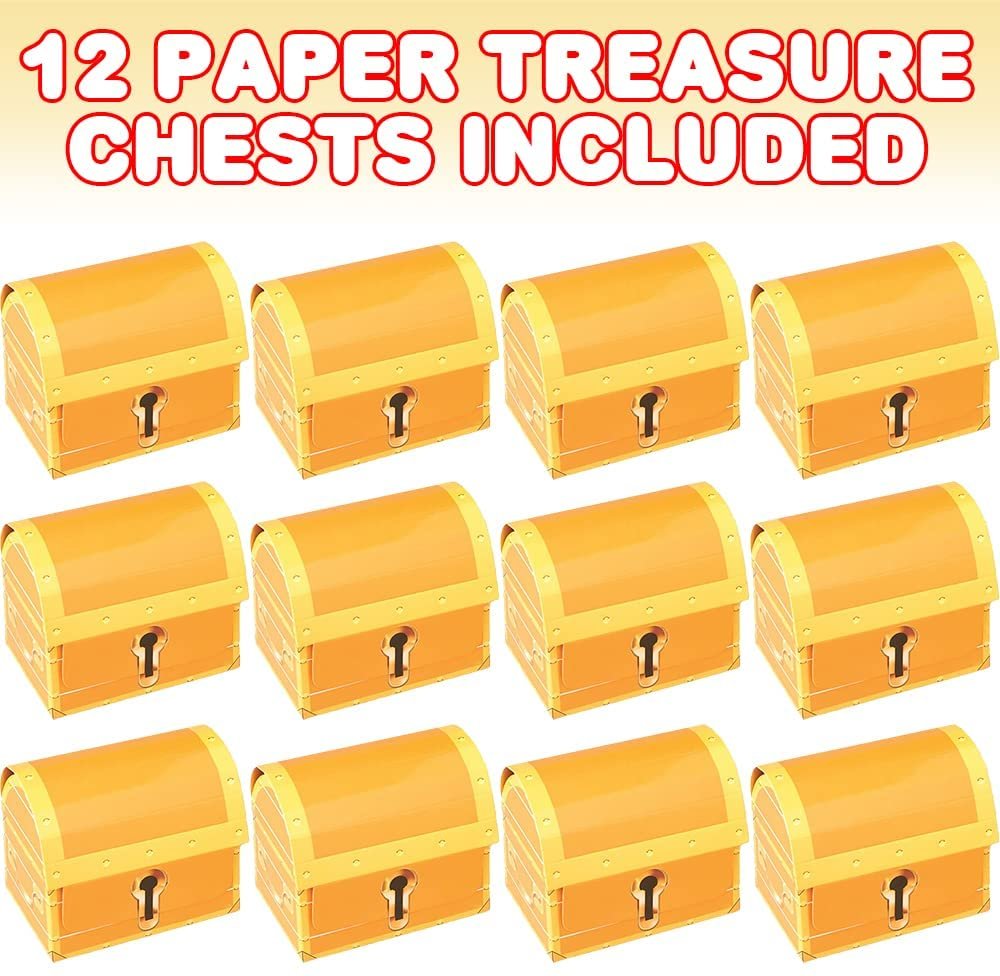 Paper Treasure Chests for Kids, Set of 12, Sturdy Cardboard Treasure Chests with a Realistic Print, Great as Goodie Bags for Kids, Pirate Party Supplies, and Pirate Party Decorations