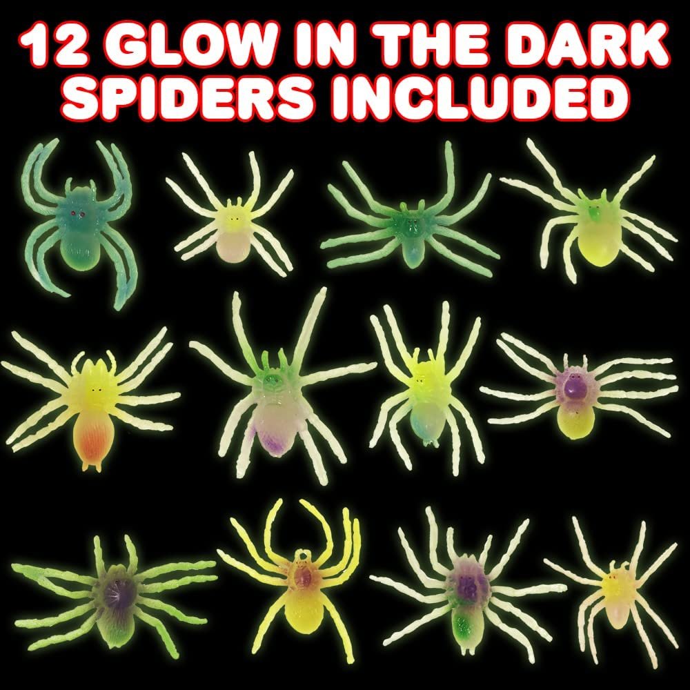 Glow in the Dark Spiders, Set of 12, Cool Glowing Toys for Boys and Girls, Glowing Birthday Party Favors and Goodie Bag Stuffers for Kids
