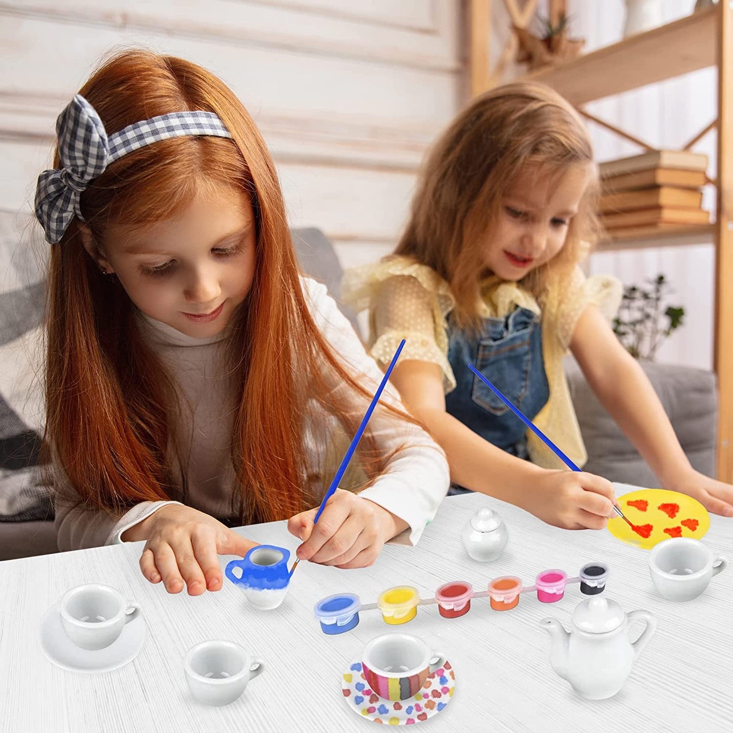ArtCreativity Paint Your Own Play Tea Set for Kids, Ceramic Craft Tea Set for Little Girls, Kids’ Arts & Crafts Painting Kit with 13 Paintable Ceramic Dishes, 6 Paint Colors, & Paintbrush