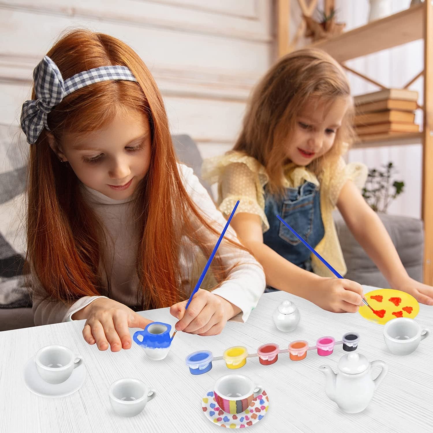 Paint Your Own Play Tea Set for Kids, Ceramic Craft Tea Set for Little Girls, Kids’ Arts & Crafts Painting Kit with 13 Paintable Ceramic Dishes, 6 Paint Colors, & Paintbrush