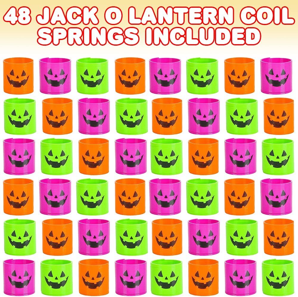 Jack-O-Lantern Coil Springs, Set of 48, Plastic Pumpkin Coil Springs in Assorted Colors, Non-Candy Halloween Treats, Fun Party Favors, Goodie Bag Fillers for Kids