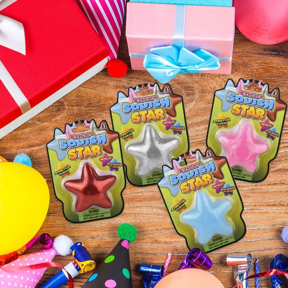 Squeezy Sticky Glitter Stars, Set of 4, Stress Relief Fidget Toys for Kids, Anxiety Relief Toys in Assorted Vibrant Colors, Fidget Party Favors, Pinata Stuffers, and Goodie Bag Fillers