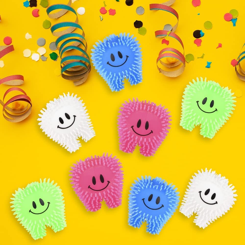 Mini Tooth Puffers, Set of 24, Squeezy Toys for Kids with Soft Spikes, Sensory Fidget Toys for Stress Relief in Assorted Colors, Goodie Bag Stuffers, and Dentist Office Giveaways