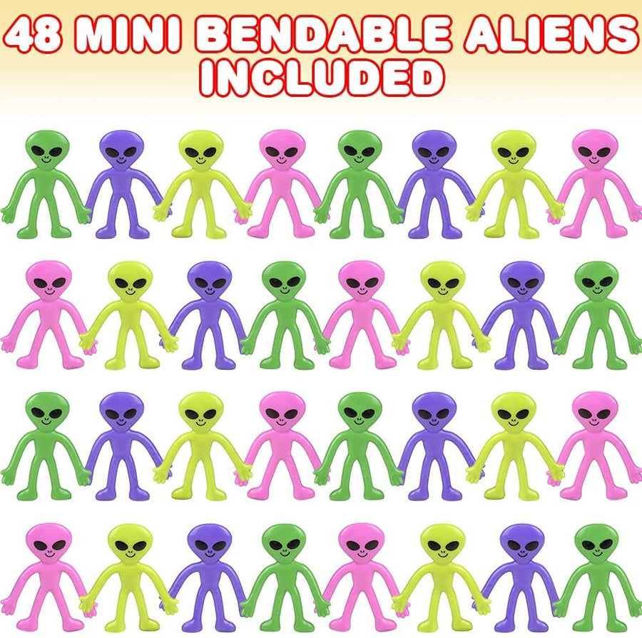 Mini Bendable Alien Assortment, Set of 48 Flexible Figures in Assorted Colors, Birthday Party Favors for Boys & Girls, Stress Relief Fidget Toys, Goody Bag Fillers for Kids