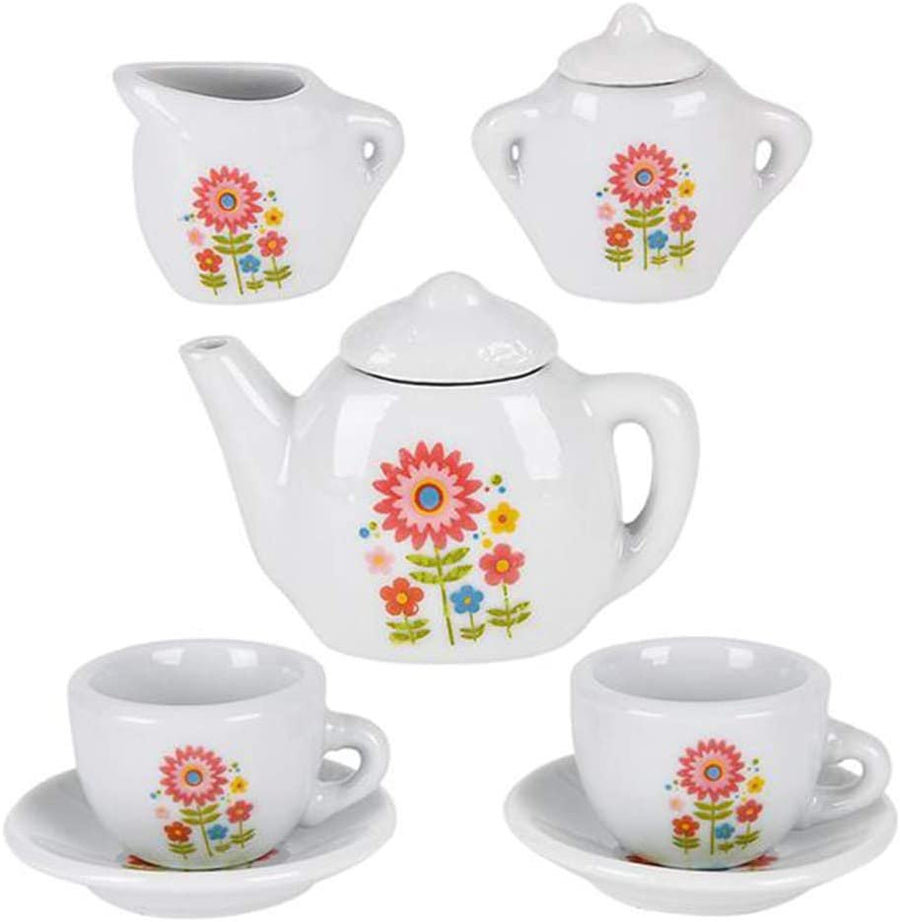 Mini Porcelain Tea Set for Kids - Ceramic Pretend Play Set - Miniature Saucers, Cups, Teapot, Sugar and Cream Dispenser - Best Holiday, Birthday Gift for Boys and Girls Ages 8+
