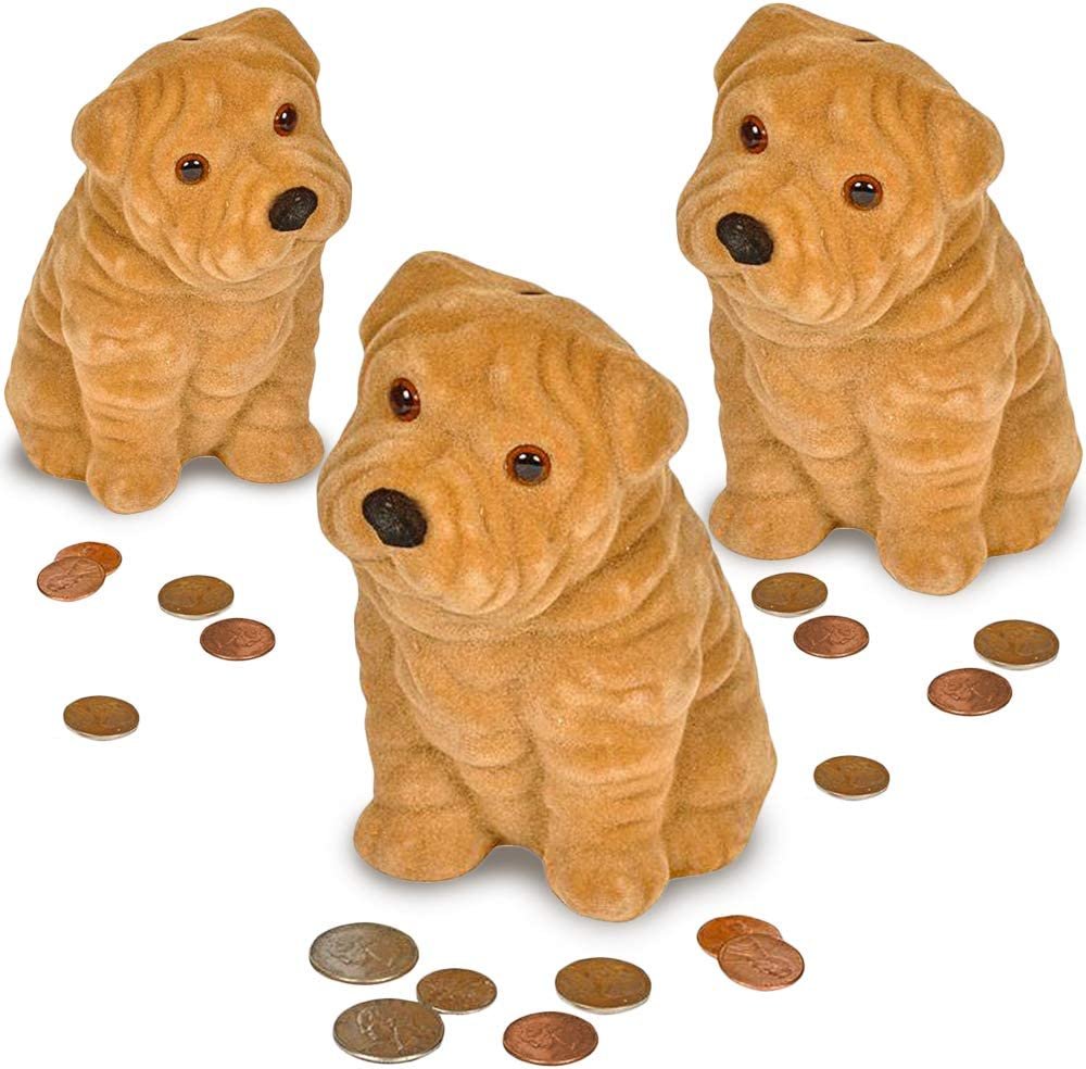 5.5" Flocked Puppy Coin Bank for Kids, Set of 3, Dog Money Saving Piggy Banks for Loose Change, Animal Theme Birthday Party Favors, Cool Desk Decorations