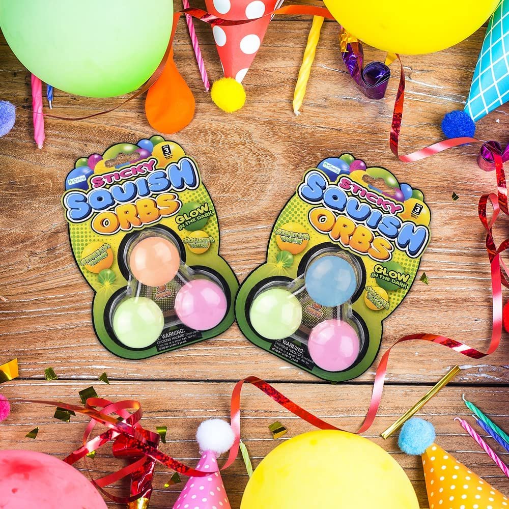 Squish Sticky Glow in The Dark Orbs, 2 Packs with 3 Balls Each, Glowing Fidget Toys for Kids & Adults, Squeeze Stress Toys in Assorted Vibrant Colors, Goody Bag Fillers & Party Favors