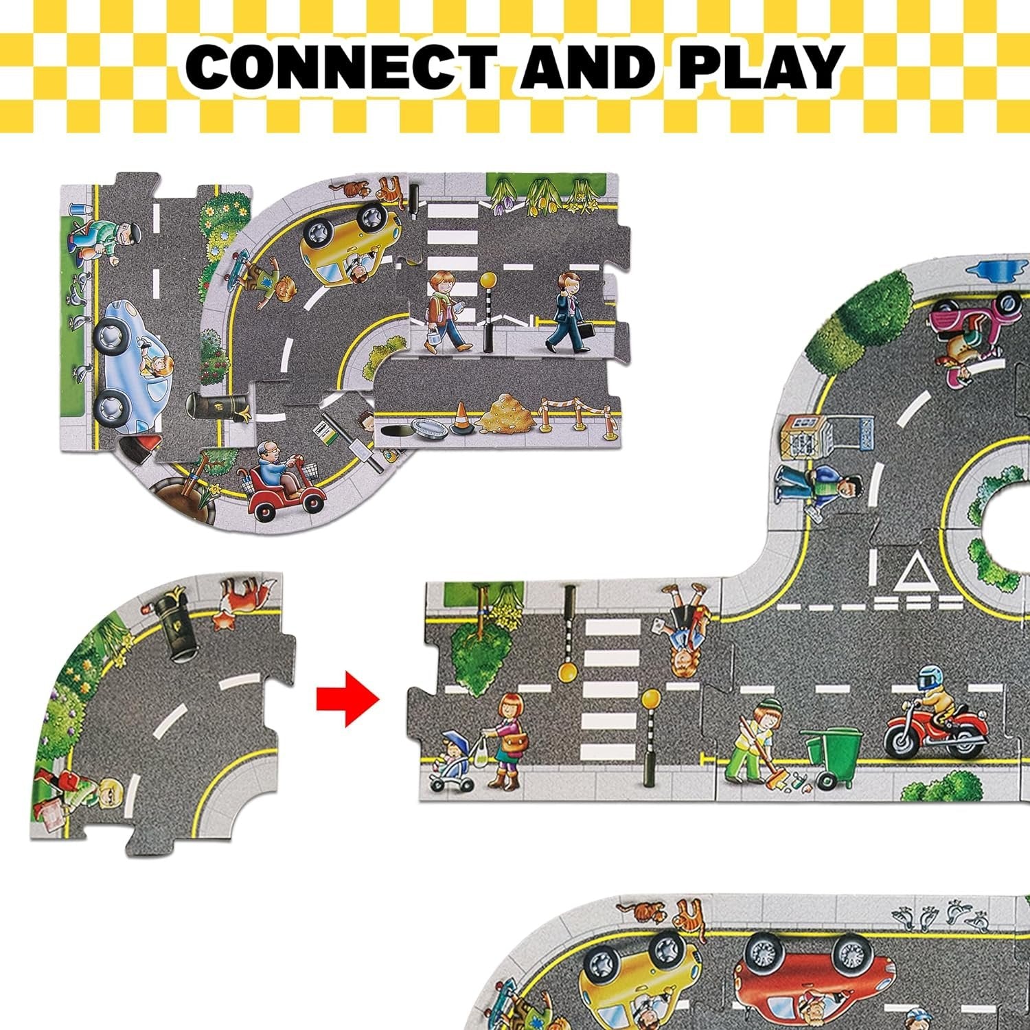 Puzzle Track Car Play Set for Kids - 29 Piece Set with 4 Floor Puzzle Cars, 5 Traffic Accessories, and 20 Cardboard Puzzle Pieces - Toddler Floor Puzzle Tracks with Vehicles