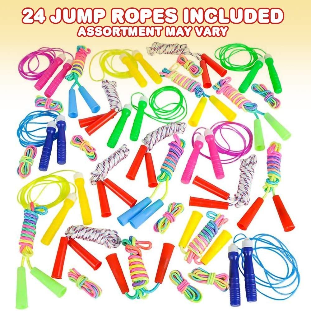 24-Piece Jump Rope Assortment, Vibrant Jumping Ropes for Kids, Durable Skipping Ropes with Plastic Handles, Great Birthday Party Favors, Goodie Bag Fillers - Assortment May Vary