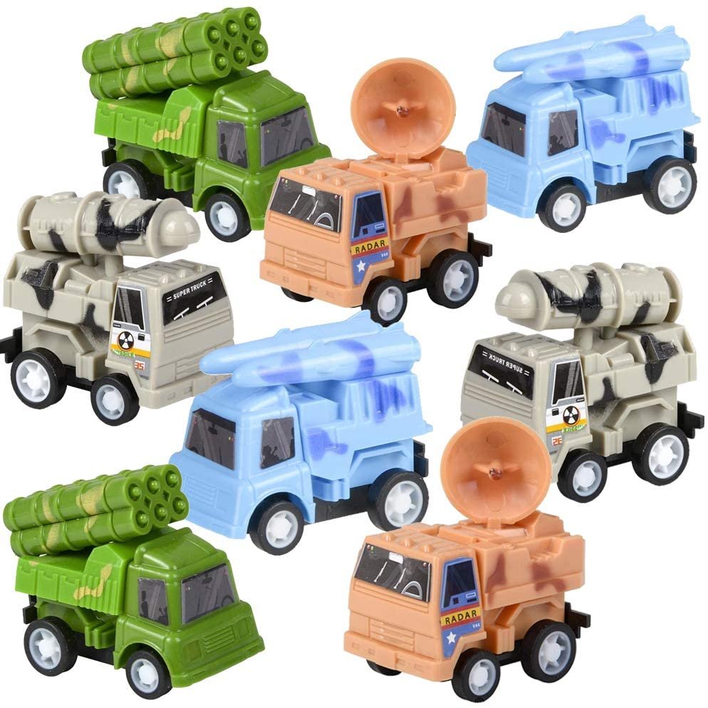 Pull Back Combat Trucks for Kids, Set of 8, Mini Military Toy Cars for Boys & Girls, 4 Cool Designs in Durable Plastic, Fun Birthday Party Favors, Gifts, Goodie Bag Fillers, Cake Toppers