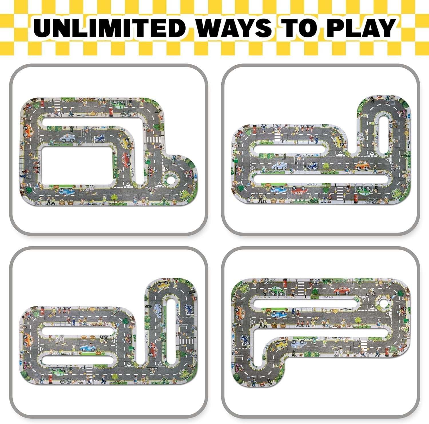Puzzle Track Car Play Set for Kids - 29 Piece Set with 4 Floor Puzzle Cars, 5 Traffic Accessories, and 20 Cardboard Puzzle Pieces - Toddler Floor Puzzle Tracks with Vehicles