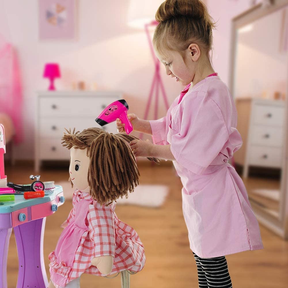 Hair Stylist Set for Girls, Beauty Salon Pretend Play Kit with Toy Hair Dryer, Curling Iron, Perfume, and 2 Scissors, Durable Plastic Hair Dresser Playset, Best Birthday Gift for Kids