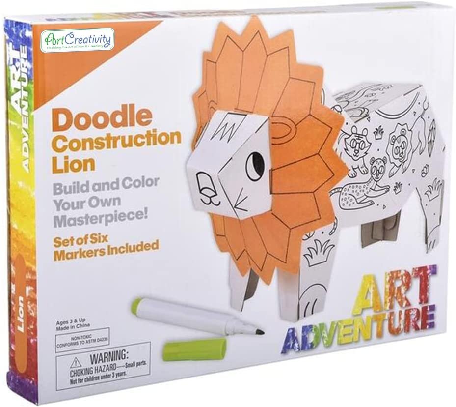 ArtCreativity Construct Your Own Lion Art Project, DIY Art Kit for Kids with 6 Markers, Doodle Construct Lion for Boys and Girls, Engaging Arts and Crafts for Kids