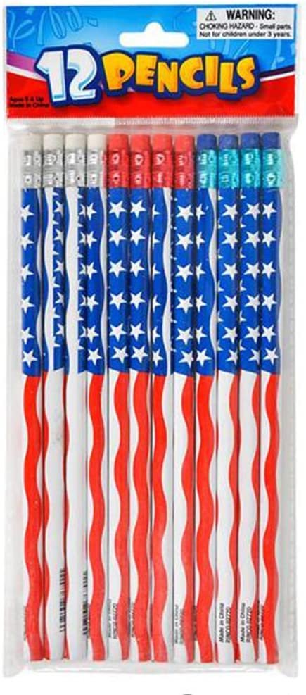 American Flag Pencils, Set of 12, Cool Patriotic Writing Pencils with Erasers, 4th of July Party Favors, Patriotic Party Goody Bag Fillers, Teacher Supplies for Classroom